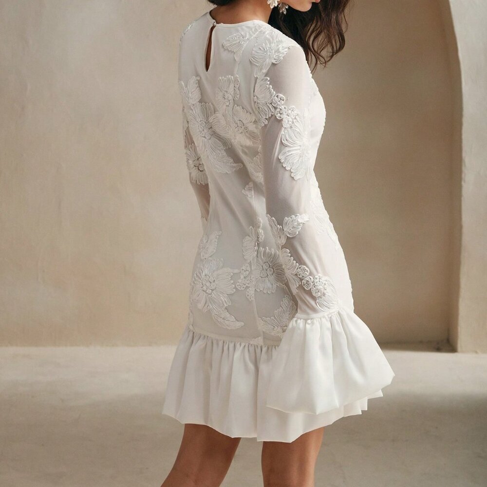White Elegant Women's French Embroidered Fitted Floral Midi Dress - Picture 3 of 7